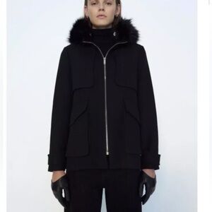 ZARA BLACK WOOL OVERCOAT WITH removable FAUX FUR HOOD size small